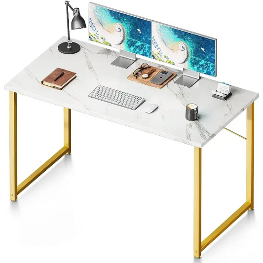 Coleshome 48 Inch Computer Desk, Modern Simple Style Desk for Home Office, Study Student Writing Desk, White Marble and Gold Leg