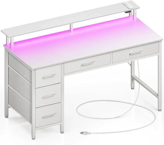 Seventable Computer Desk with Power Outlets & LED Light, 47 inch Home Office Desk with 5 Drawers