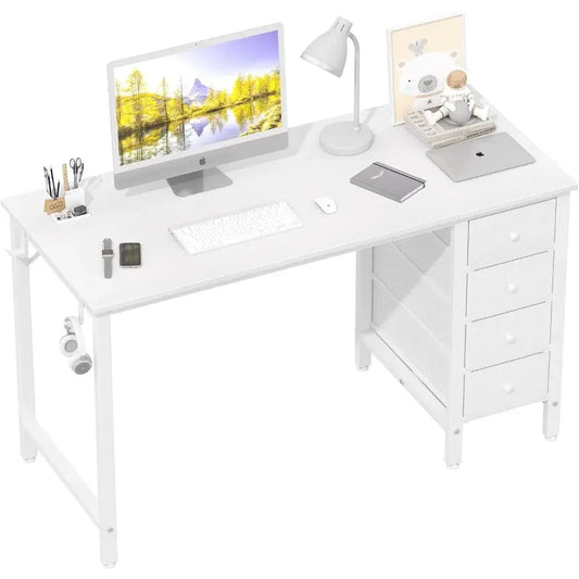 White Computer Desk with Drawers - 47 Inch Study Work Writing Desk for Home Office Bedroom, Simple Modern Cute PC Desks