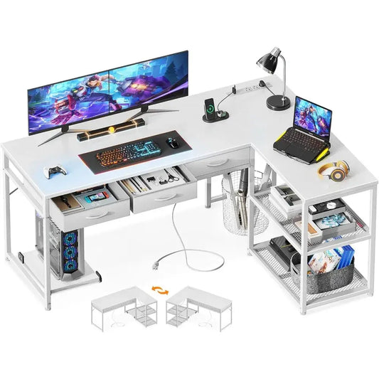L Shaped Desk with Fabric Drawers, 53 Inch Corner Desk with Power Outlets & Movable CPU Stand, Reversible Computer Desk