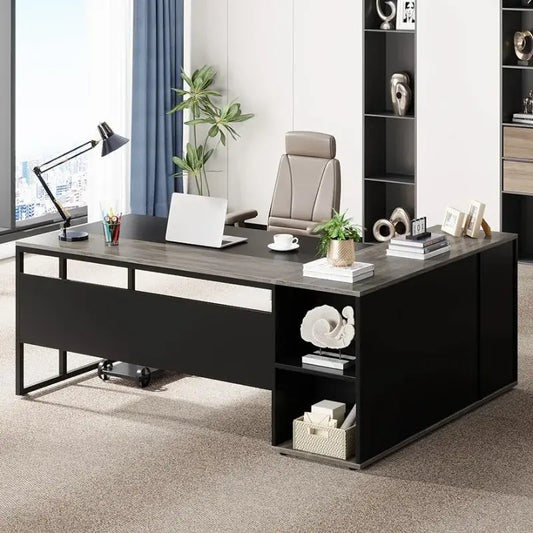 Executive Desk, L Shaped Desk with Cabinet Storage, Executive Office Desk with Shelves（Grey/Brown）optional
